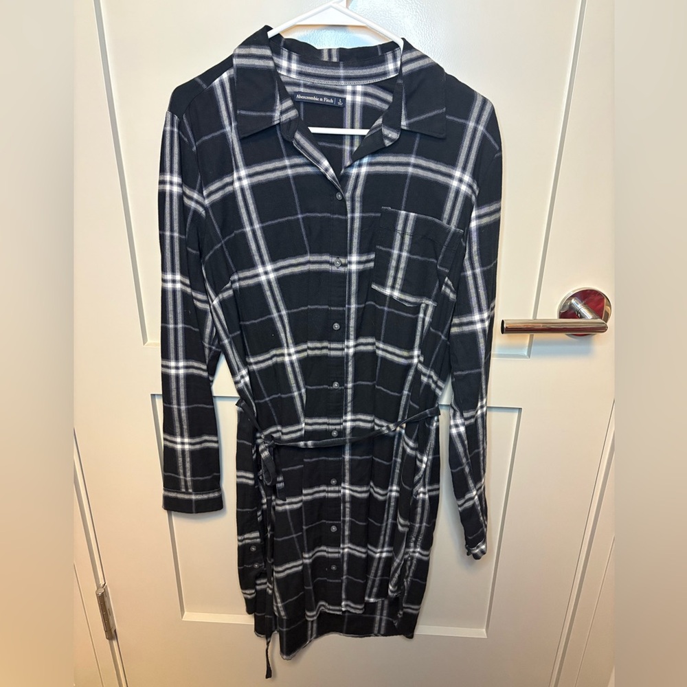 Navy Blue and White Plaid Shirt Dress